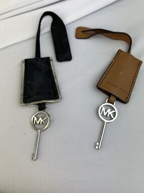 Lot of 2 Michael Kors Hamilton Bag Charms - Black & Tan Leather MK Key Fobs